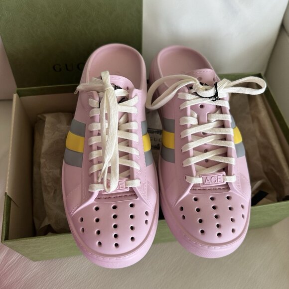 Pink Mules with Yellow and Gray Stripes - Picture 2 of 8